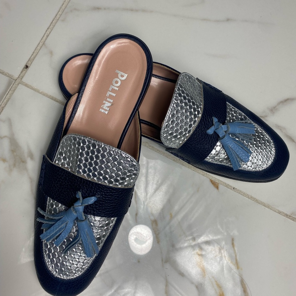 Pollini Women's Navy and Silver Tassel Loafers